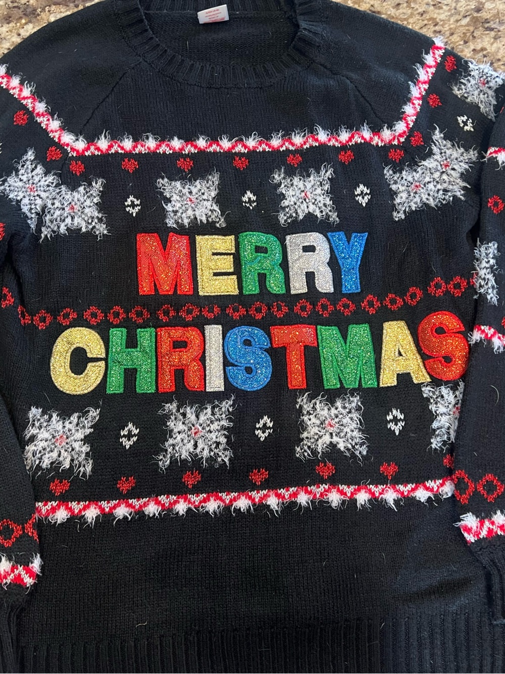 Holiday Time Black Glitter "MERRY CHRISTMAS" Pullover Sweater